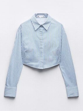 Zara Blue Stripe Cropped Button-Up Shirt - NWOT